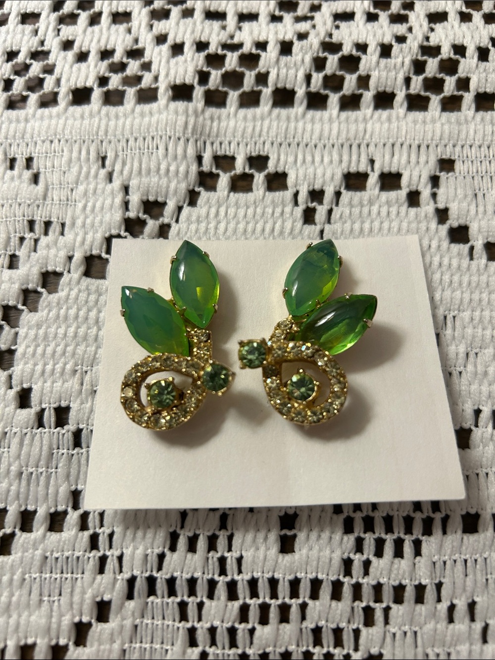 Green Crystal Leaf Earrings - Unbranded